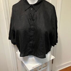 H&M Black Cropped Linen Button-Down Shirt